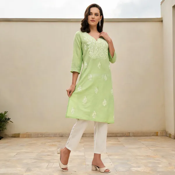 Light_Green_Cotton_Slub_Straight_Embroidered_Kurta_Pant_Set_For_Women