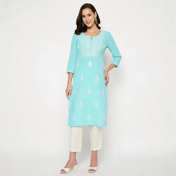 Sky_Blue_Cotton_Slub_Embroidered_Straight_Kurti_Pant_Set_For_Women
