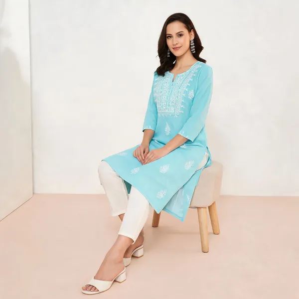 Sky_Blue_Cotton_Slub_Embroidered_Straight_Kurti_Pant_Set_For_Women