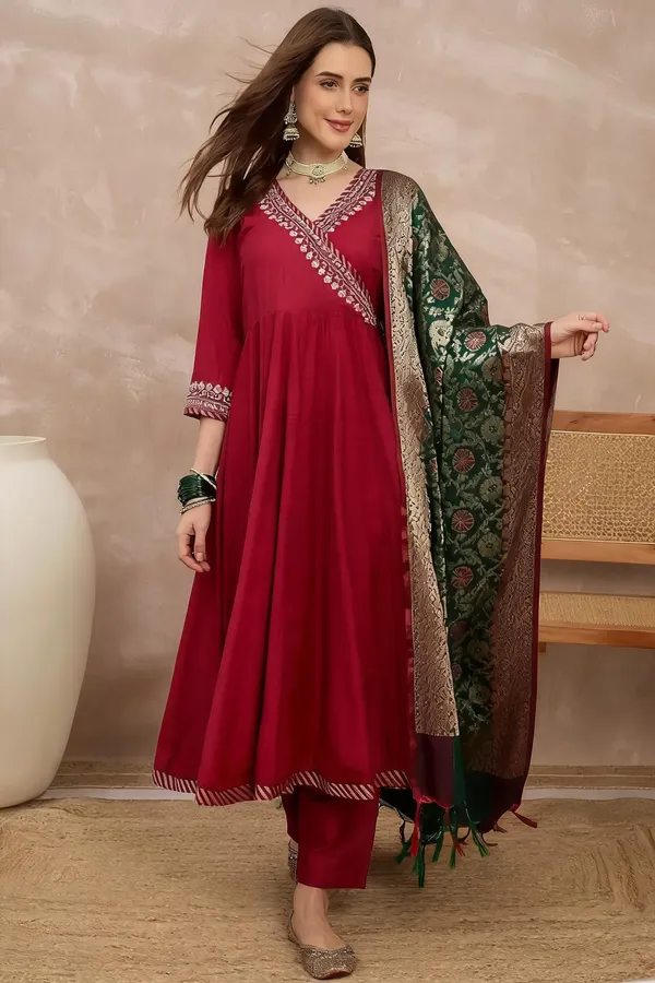 Maroon_Embroidered_Angrakha_Anarkali_Suit_Set_With_Banarasi_Dupatta_For_Women