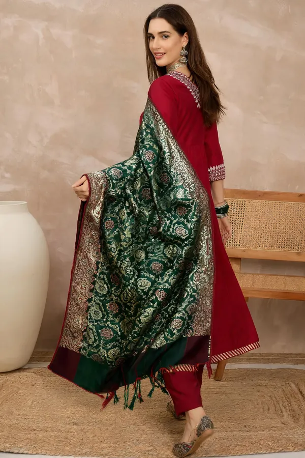 Maroon_Embroidered_Angrakha_Anarkali_Suit_Set_With_Banarasi_Dupatta_For_Women
