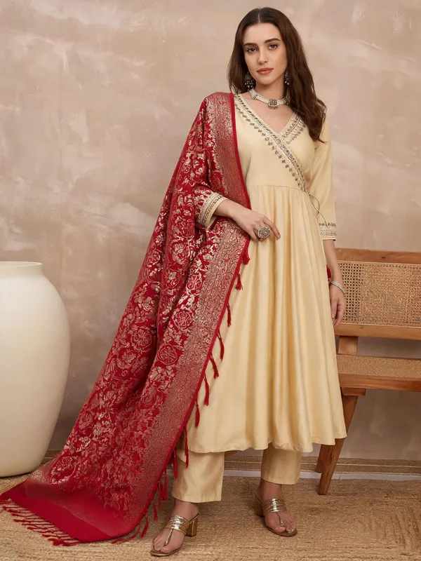 Champagne_Gold_Embroidered_Angrakha_Anarkali_Suit_Set_With_Banarasi_Dupatta_For_Women