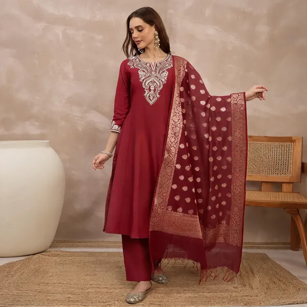 Maroon_Cotton_Silk_Embroidered_Anarkali_Suit_Set_With_Banarasi_Dupatta_For_Women