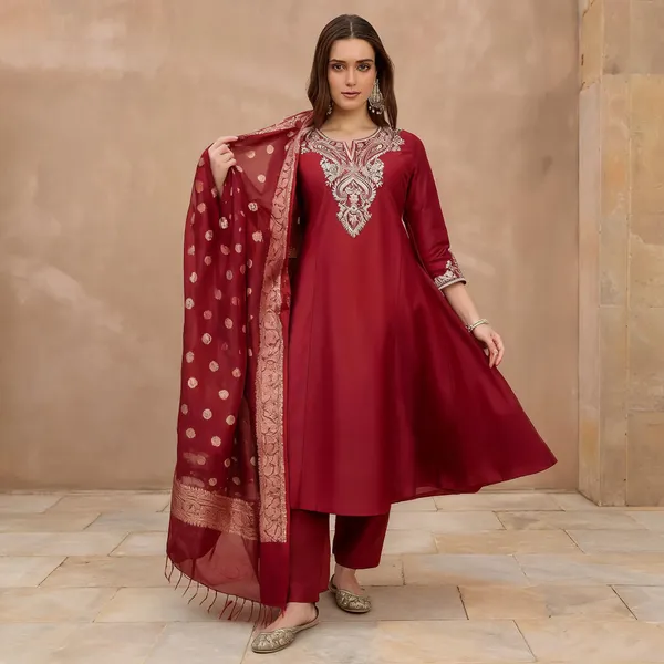 Maroon_Cotton_Silk_Embroidered_Anarkali_Suit_Set_With_Banarasi_Dupatta_For_Women