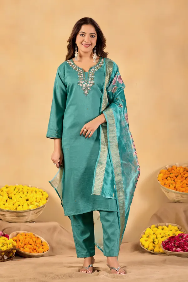 Teal_Cotton_Straight_Suit_Set_With_Jacquard_Dupatta_for_Women
