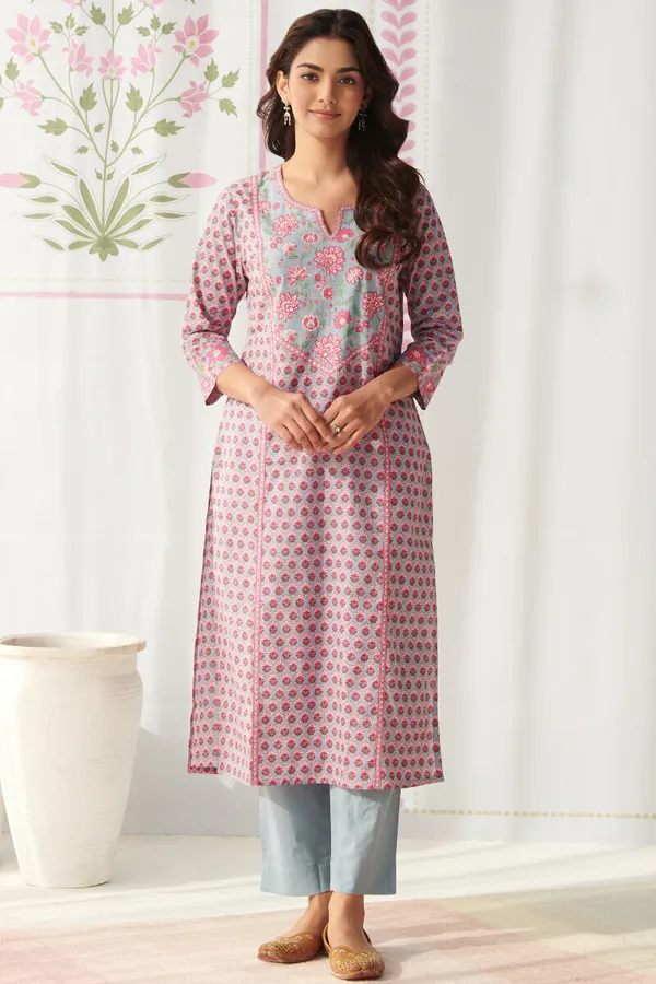 Grey_Pure_Cotton_Straight_Floral_Kurti_for_Women