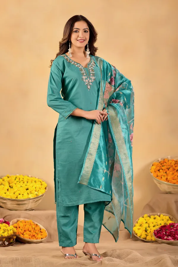 Teal_Cotton_Straight_Suit_Set_With_Jacquard_Dupatta_for_Women