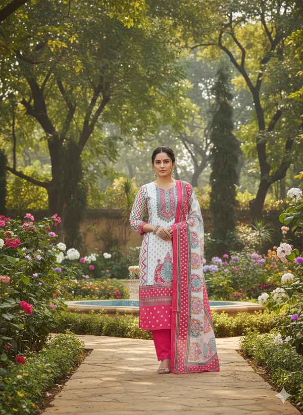 White_And_Pink_Malai_Satin_Printed_Kurta_Set_For_Women