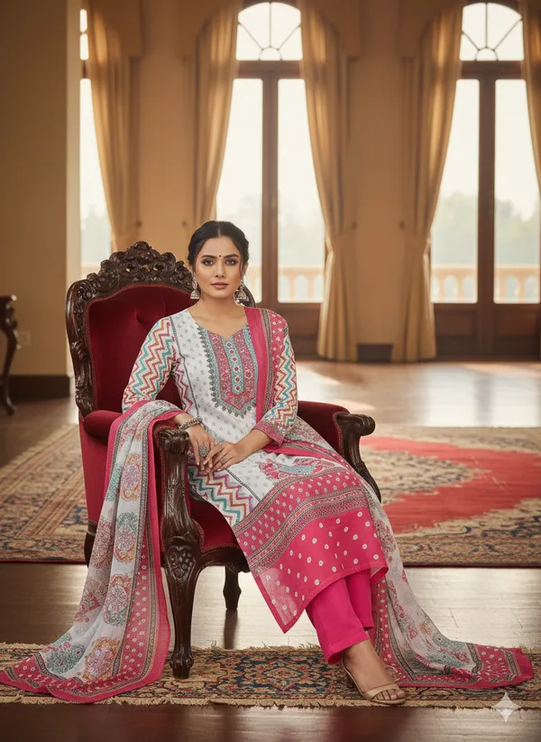 White_And_Pink_Malai_Satin_Printed_Kurta_Set_For_Women