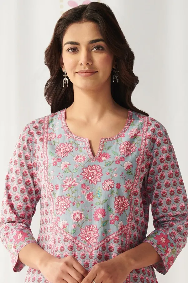 Grey_Pure_Cotton_Straight_Floral_Kurti_for_Women