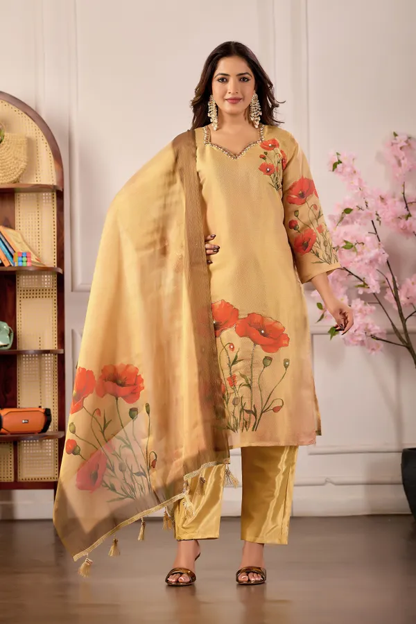 Beige_Erode_Silk_Floral_Print_Kurta_Set_For_Women