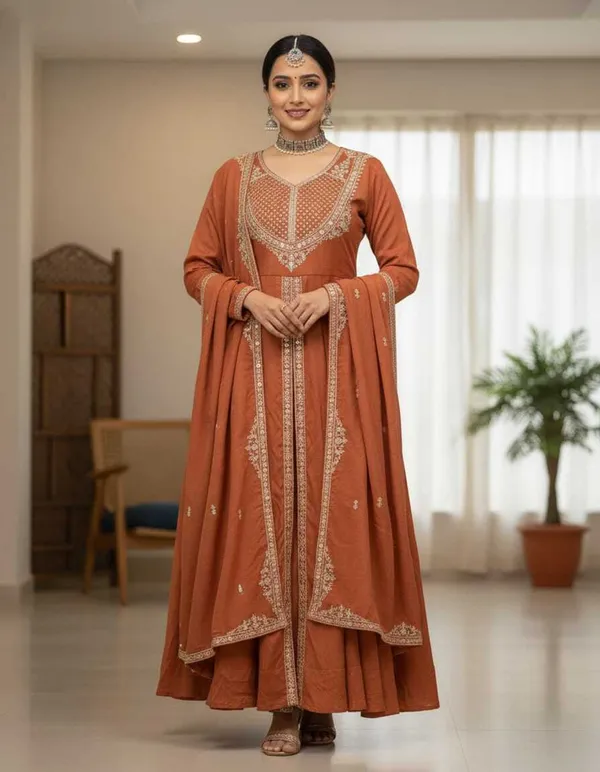 Rust_Mull_Roman_Anarkali_Kurta_Set_For_Women