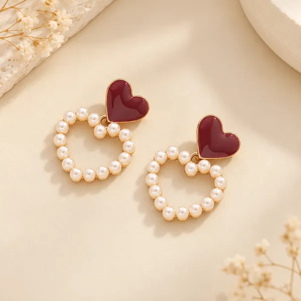 Burgundy-Heart-and-Pearl-Korean-Earring