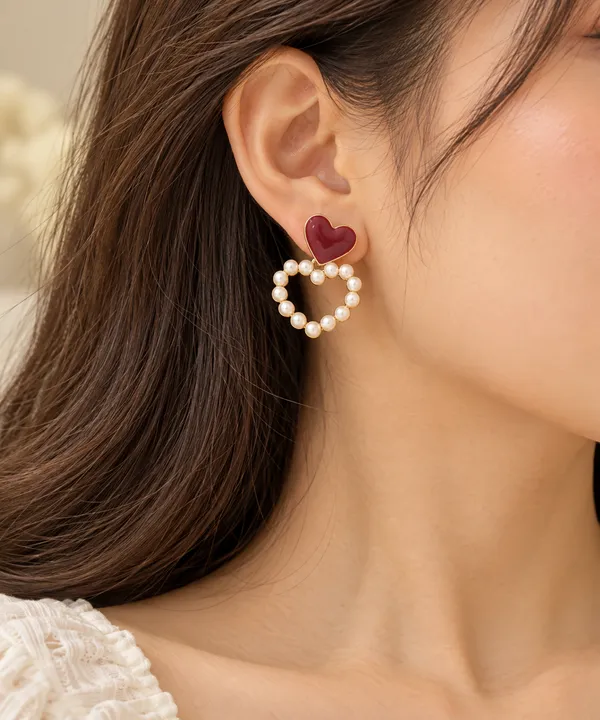 Burgundy-Heart-and-Pearl-Korean-Earring