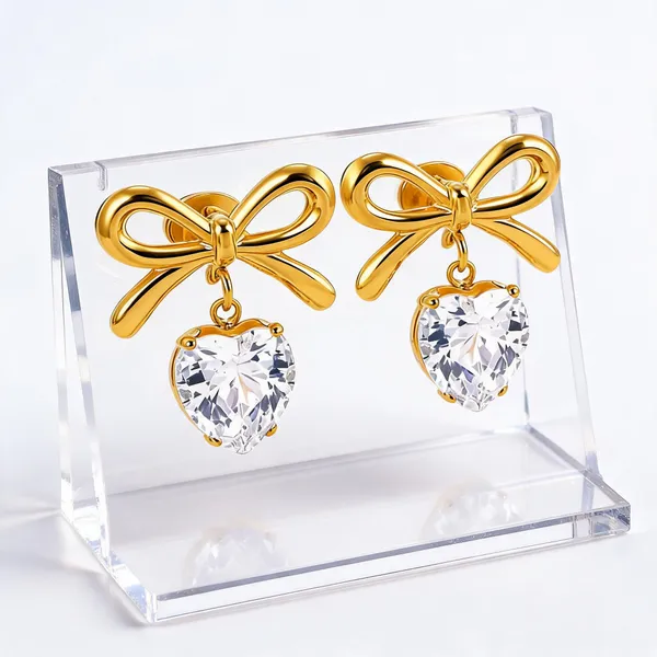 Gold_18K_Pvd_Cubic_Zirconia_Bow_Heart_Drop_Earrings_For_Women