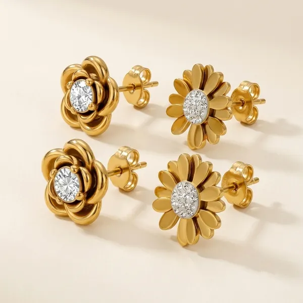 Gold_PVD_Cubic_Zirconia_Floral_Stud_Earrings_Twin_Pack_For_Women