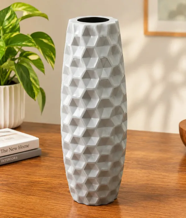 White_Geometric_Textured_Decorative_Vase