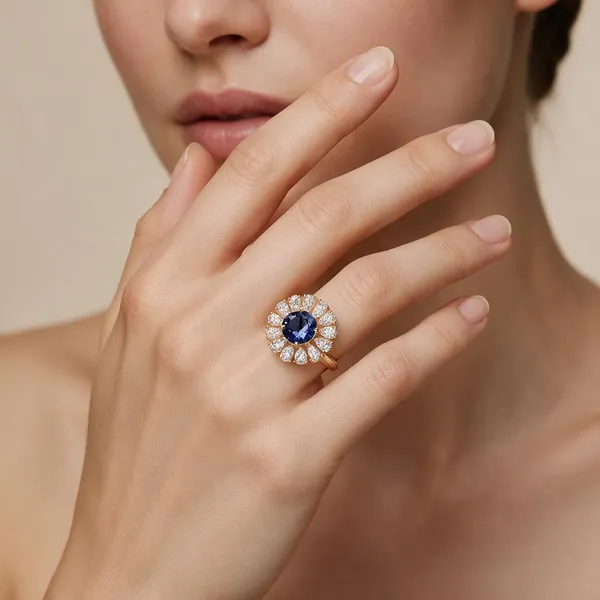 Gold_&_Blue_Metal_Floral_Statement_Stone_Ring_For_Women