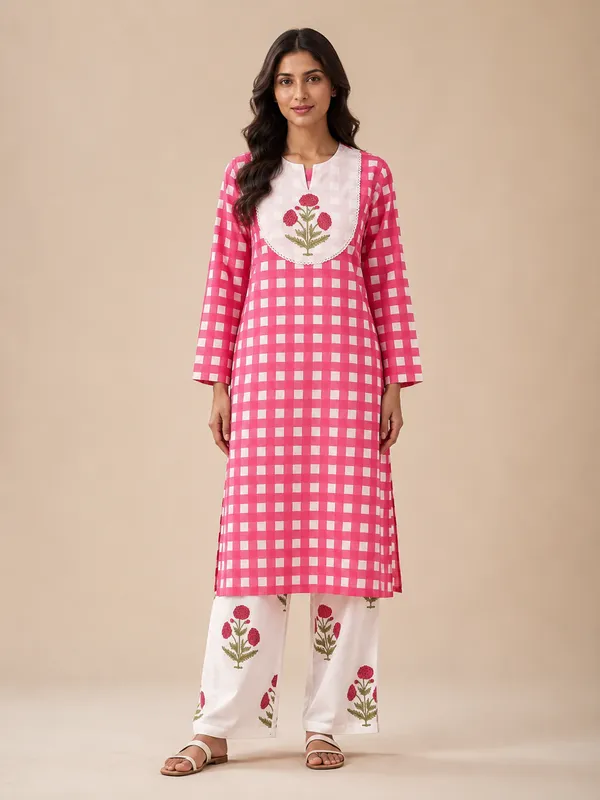 Pink_Check_Kurta_Palazzo_Set_Default_Title