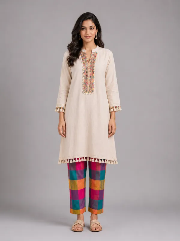 Ivory_Embroidered_Kurta_Multicolor_Check_Pants_Set_Default_Title
