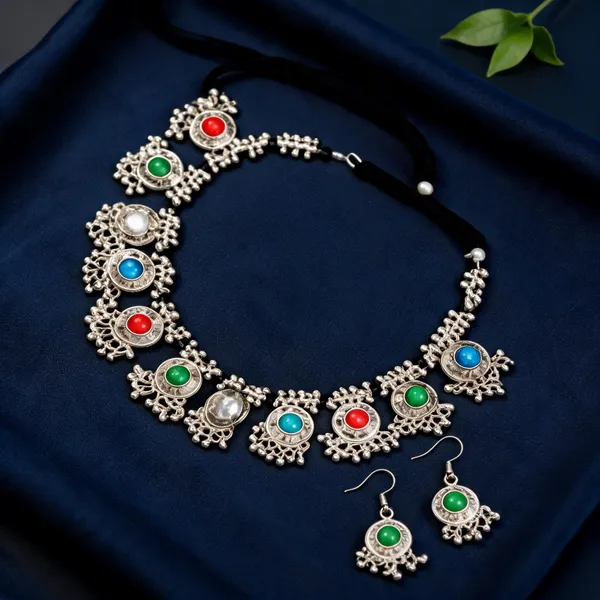 Silver_Oxidised_Multicolour_Stone_Traditional_Necklace_Set