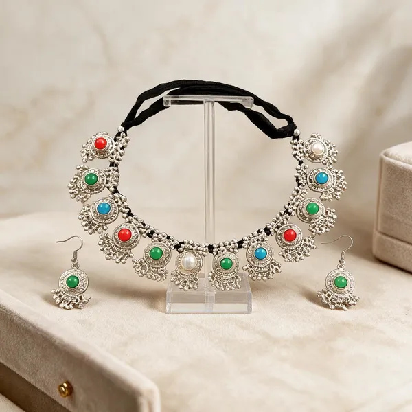 Silver_Oxidised_Multicolour_Stone_Traditional_Necklace_Set