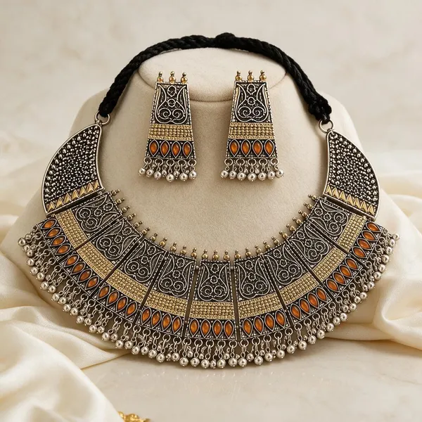 Gold_Antique_Filigree_Statement_Necklace_Set_For_Women