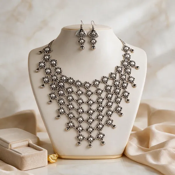 Silver_Layered_Bib_Floral_Necklace_Set_For_Women
