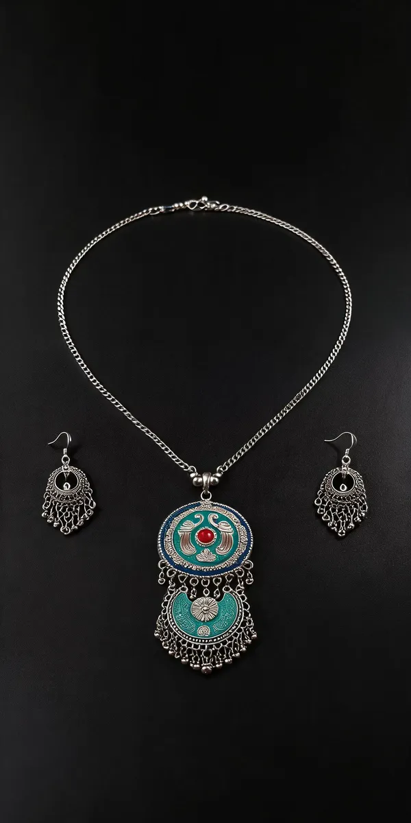 Silver_Oxidized_Turquoise_Enamel_Pendant_Necklace_Set_For_Women