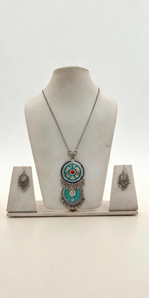 Silver_Oxidized_Turquoise_Enamel_Pendant_Necklace_Set_For_Women