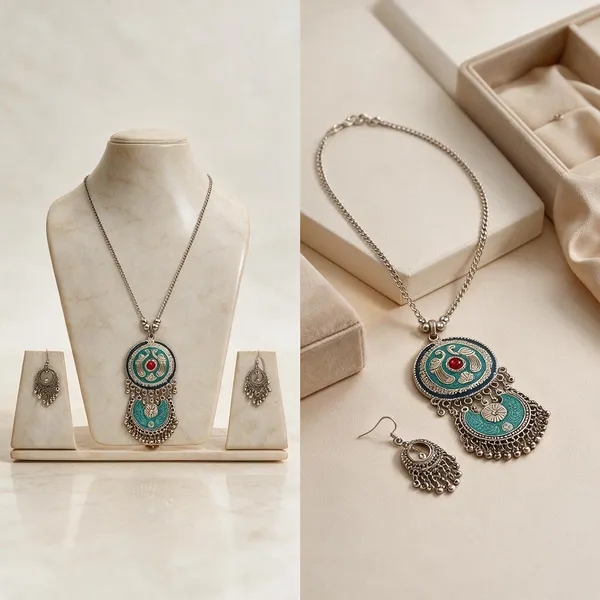 Silver_Oxidized_Turquoise_Enamel_Pendant_Necklace_Set_For_Women