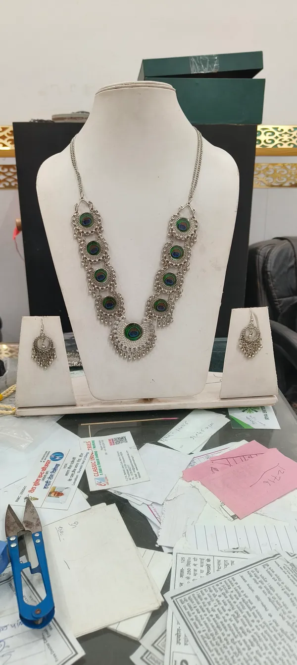 Silver_Peacock_Enamel_Traditional_Necklace_Set_For_Women