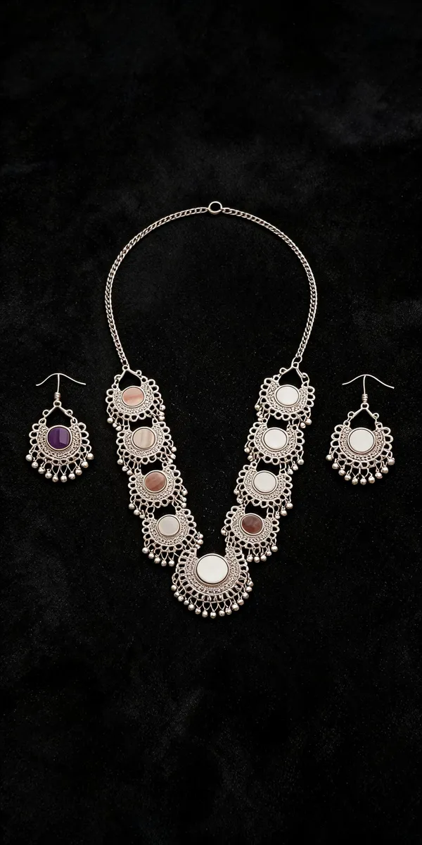 Silver_Round_Motif_Traditional_Layered_Necklace_Set_For_Women