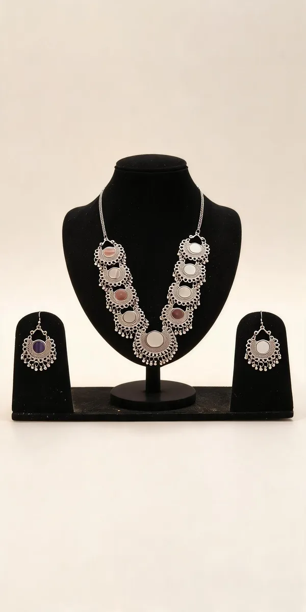 Silver_Round_Motif_Traditional_Layered_Necklace_Set_For_Women