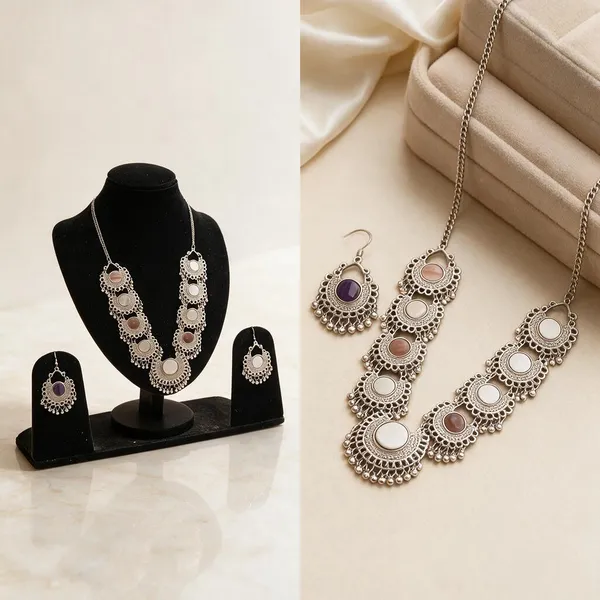 Silver_Round_Motif_Traditional_Layered_Necklace_Set_For_Women