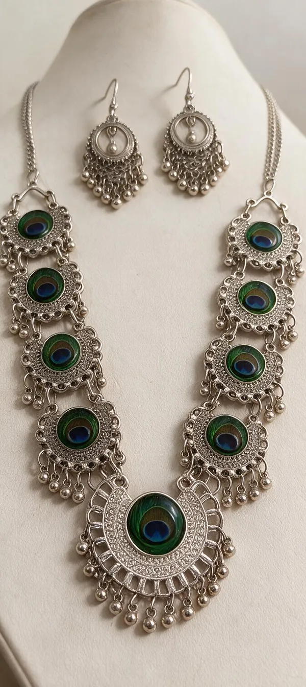 Silver_Peacock_Enamel_Traditional_Necklace_Set_For_Women