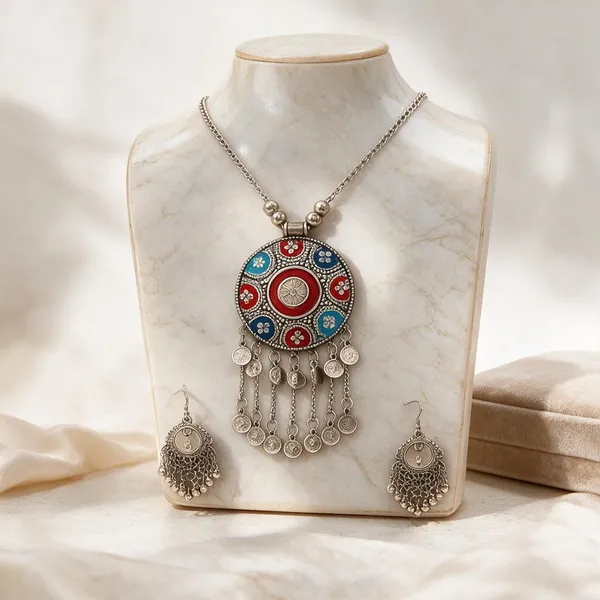 Silver_Multicolour_Round_Pendant_Necklace_Set_For_Women