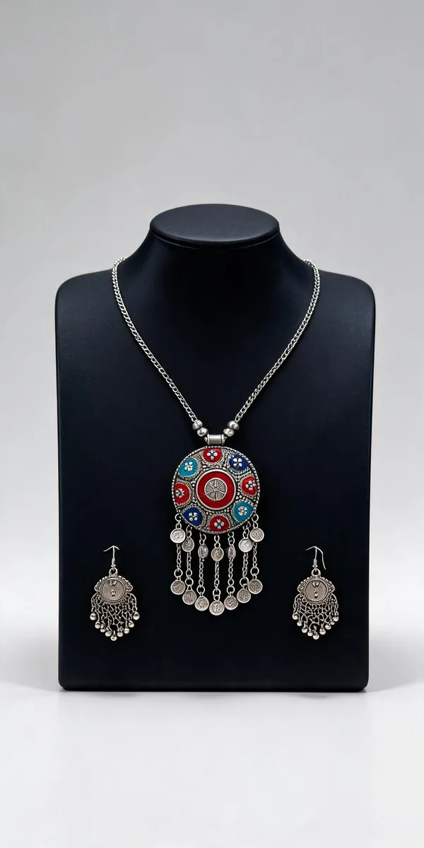Silver_Multicolour_Round_Pendant_Necklace_Set_For_Women