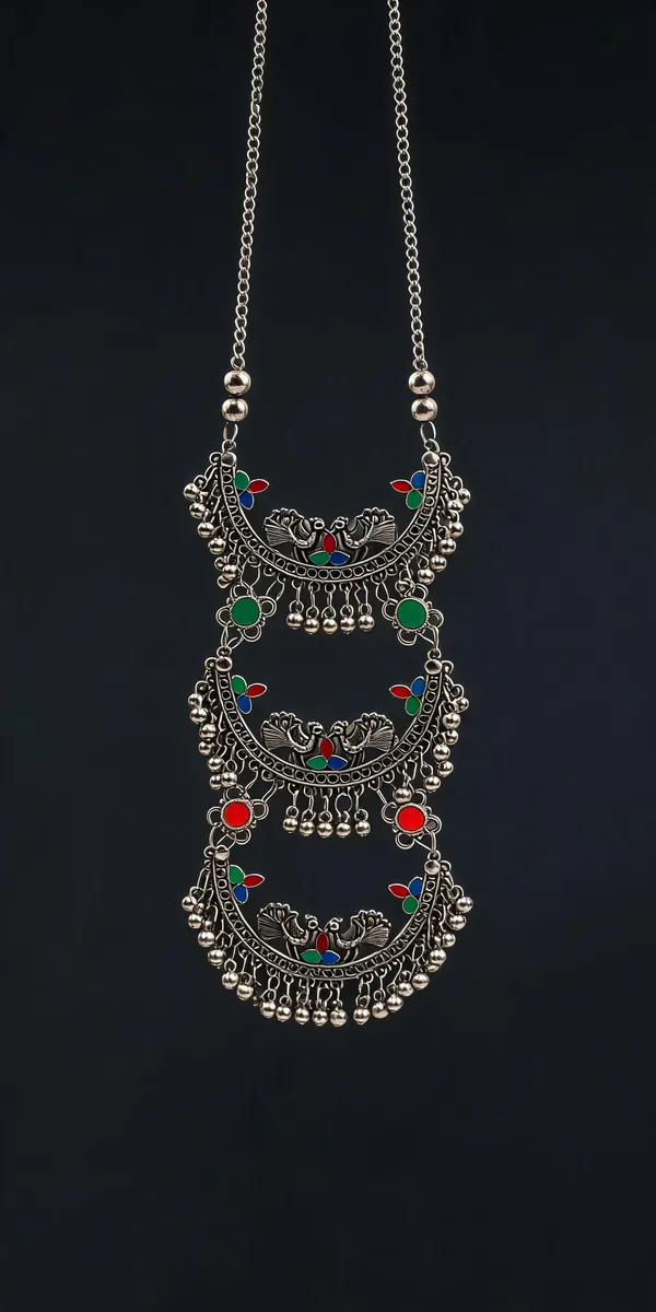 Silver_Oxidised_Three-Tier_Enamel_Traditional_Layered_Necklace