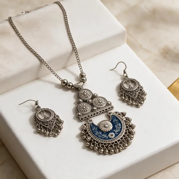 Silver_Oxidized_Blue_Floral_Pendant_Necklace_Set_For_Women