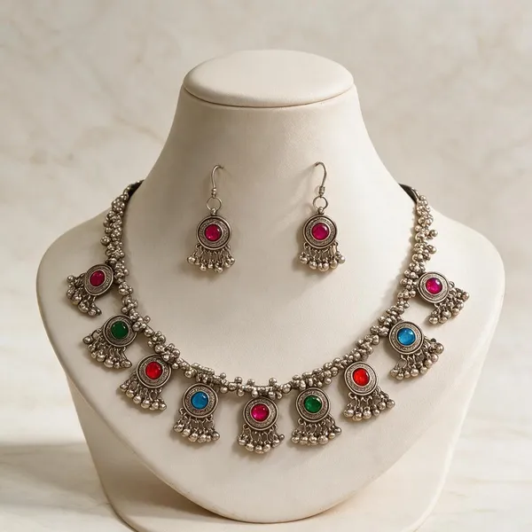 Silver_Oxidized_Multicolour_Stone_Necklace_And_Earrings_Set_For_Women