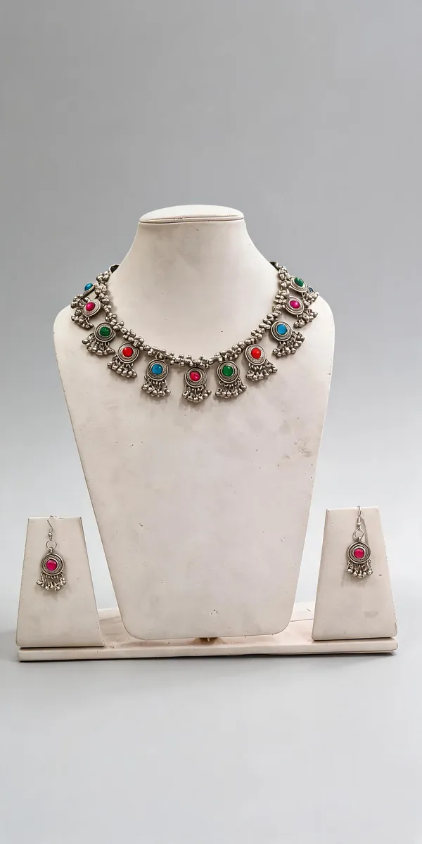 Silver_Oxidized_Multicolour_Stone_Necklace_And_Earrings_Set_For_Women