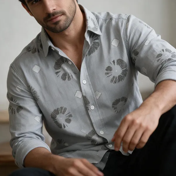 Light_Grey_Floral_Print_Slim_Fit_Shirt_For_Men