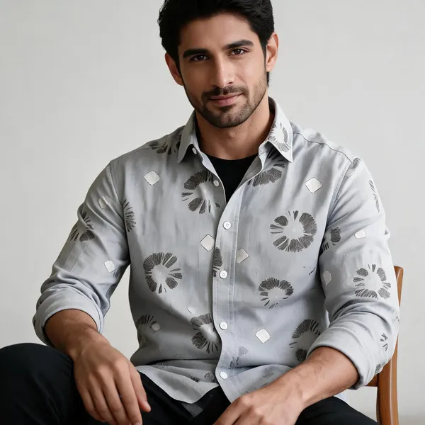 Light_Grey_Cotton_Floral_Print_Slim_Fit_Shirt_For_Men