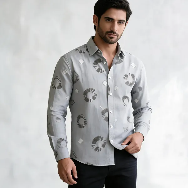 Light_Grey_Cotton_Floral_Print_Slim_Fit_Shirt_For_Men