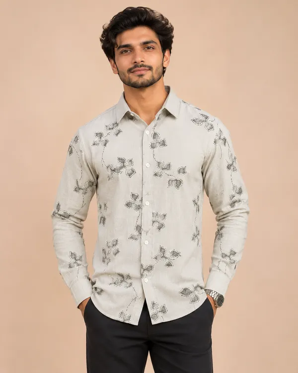 Light_Grey_Cotton_Leaf_Print_Comfort_Fit_Shirt_For_Men