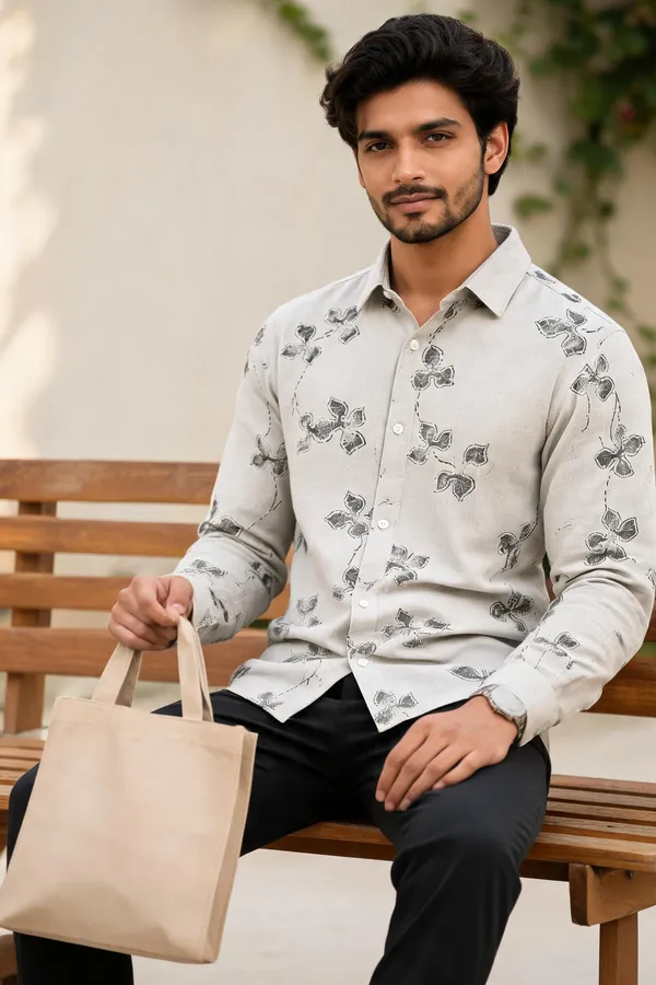 Light_Grey_Cotton_Leaf_Print_Comfort_Fit_Shirt_For_Men