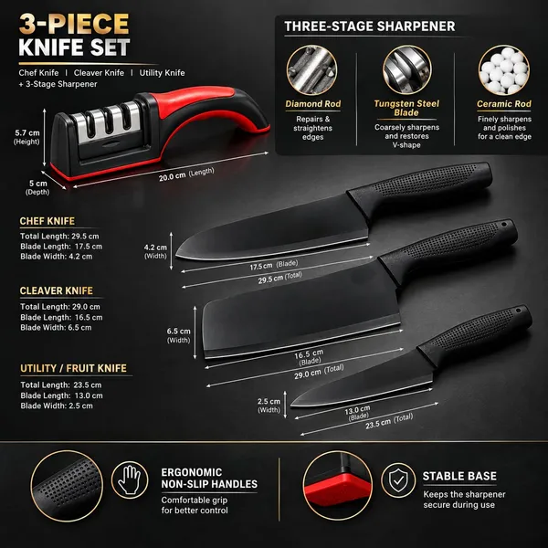 Klivora_Black_Stainless_Steel_3-Piece_Chef_Cleaver_Utility_Knife_Set_With_Sharpener