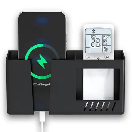 Plastic_Black_Self-Adhesive_Wall_Mount_Phone_Charging_Holder_With_Storage_Box_-_Pack_Of_2