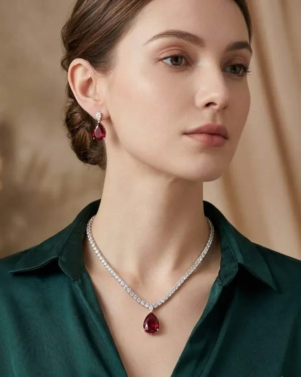 Silver-Tone_Red_Stone_Teardrop_Necklace_Earring_Set_For_Women